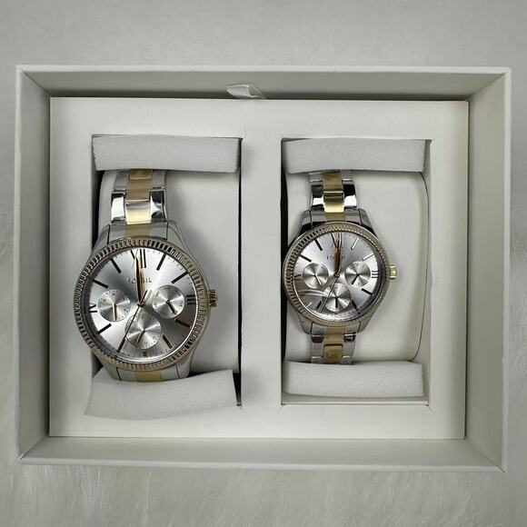Fossil White Dial His and Hers Multifunction Two-Tone Steel Watch Set BQ2737SET - Picture 1 of 5